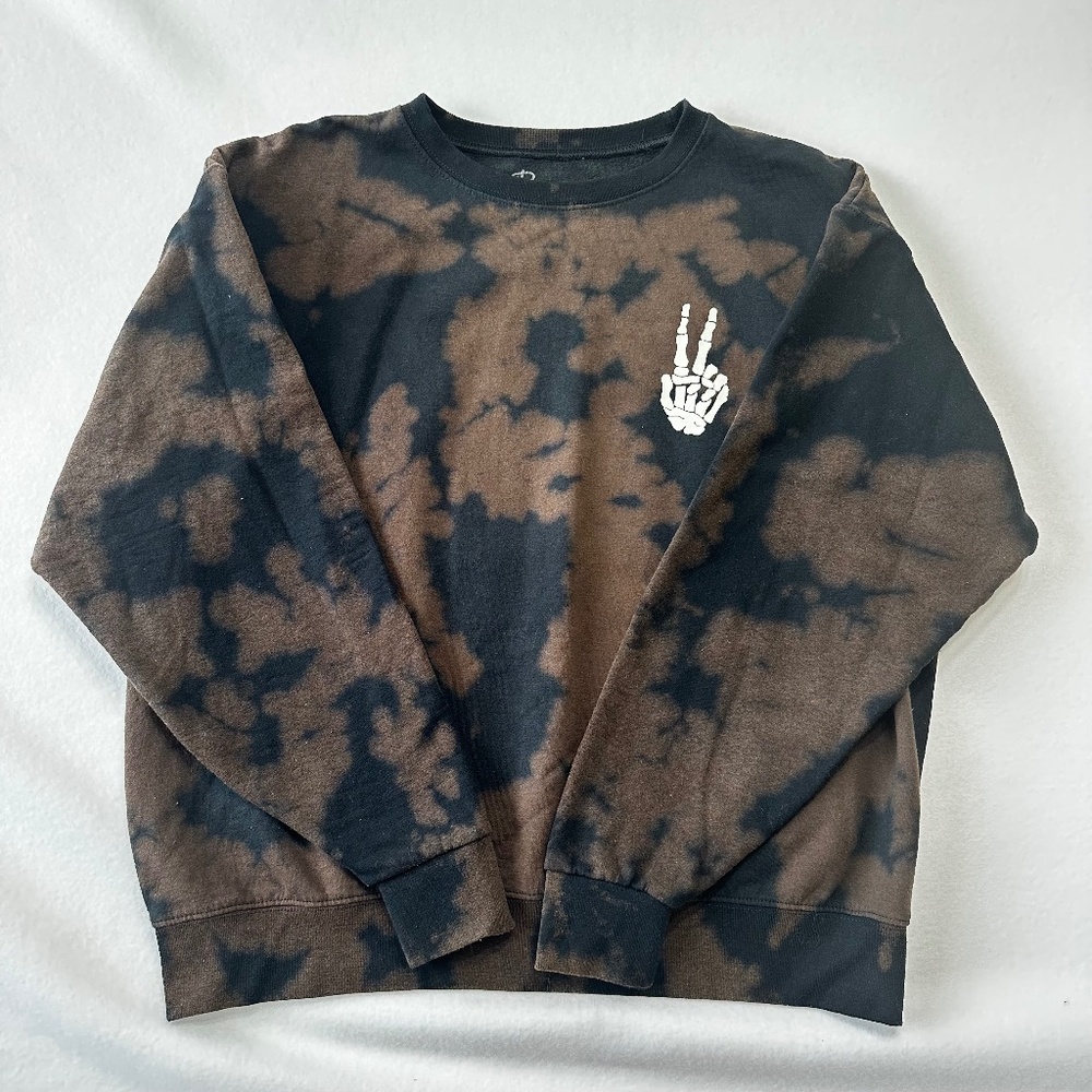 Bowery Supply Women’s Brown Black Tie Dye Peace Out Skeleton Hand Sweatshirt L